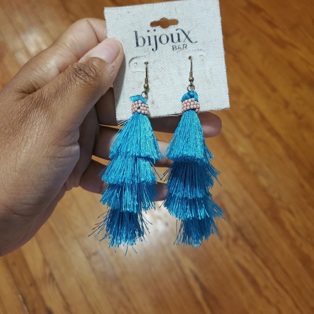 BRAND NEW Teal Blue bohemian tassel earrings